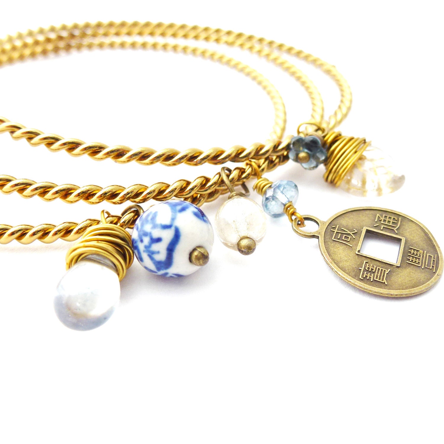 Brass Charm Bracelet Bangle Set Chinese Coin Blue Czech Glass Porcelain Beads