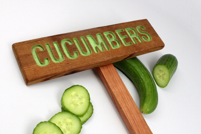 CUCUMBERS Garden Sign, Painted & Oil Sealed Cedar Wood: Hand Routed Sign, Vegetable Plant Garden Markers