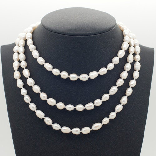 Handmade natural stone white pearl Beads necklace (beadwork), length 112cm, free shipping
