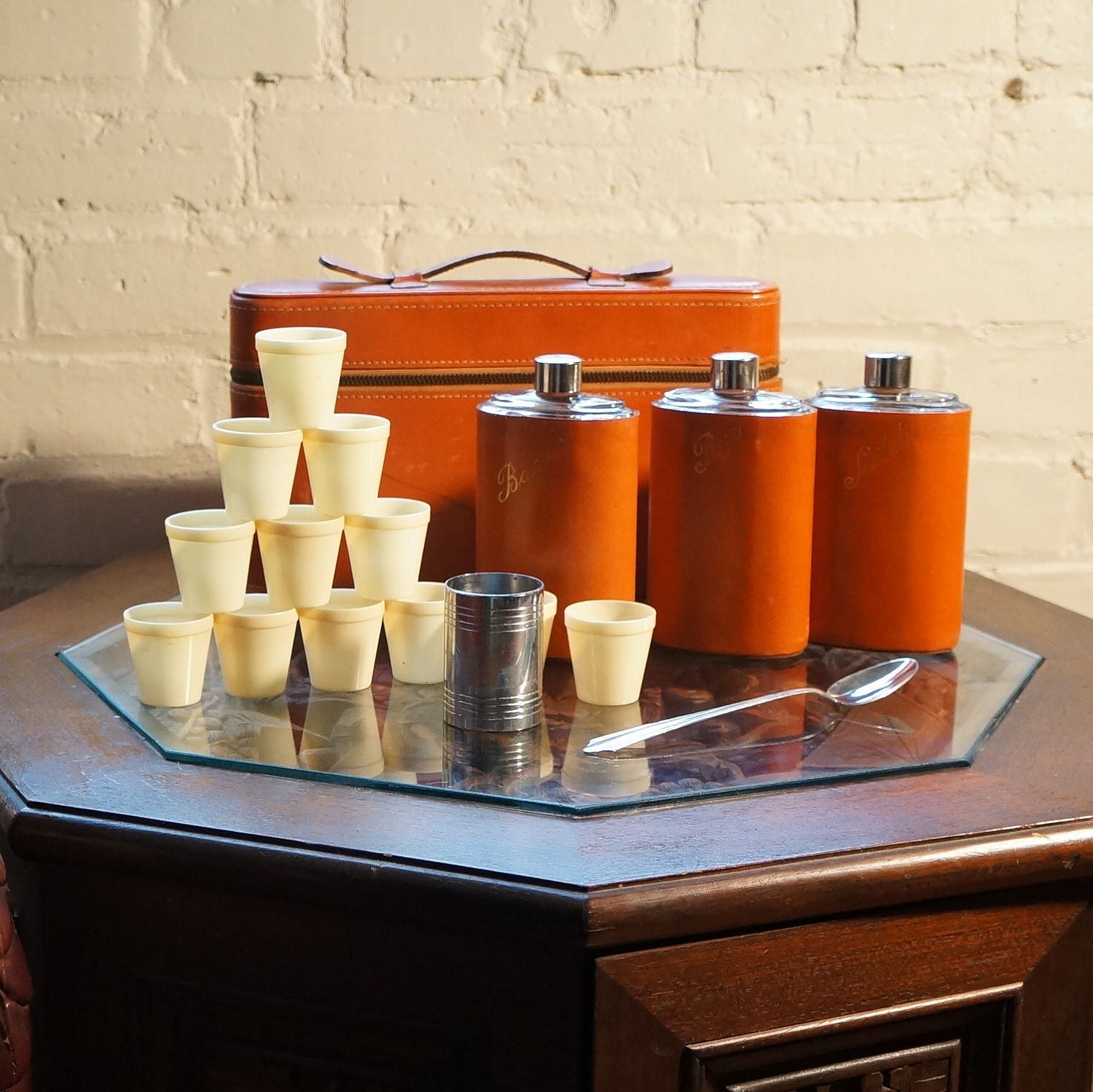 1940s - 50s 17 Piece Mid Century Leather Travel Bar - 3 Flasks, 12 Bakelite Cups, Jigger, Spoon, Carry Case - Happy Fathers Day