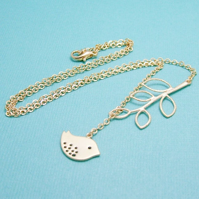 Gold Branch and Bird Necklace, Gold Bird Lariat Necklace