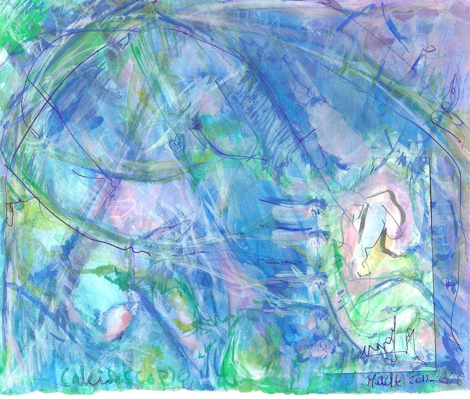 Blue, green, pink, artwork, original abstract painting-loose gestural lines, modern indian ink Watercolor Paper-Fine Art.Size: 22.8 x 19.cm.