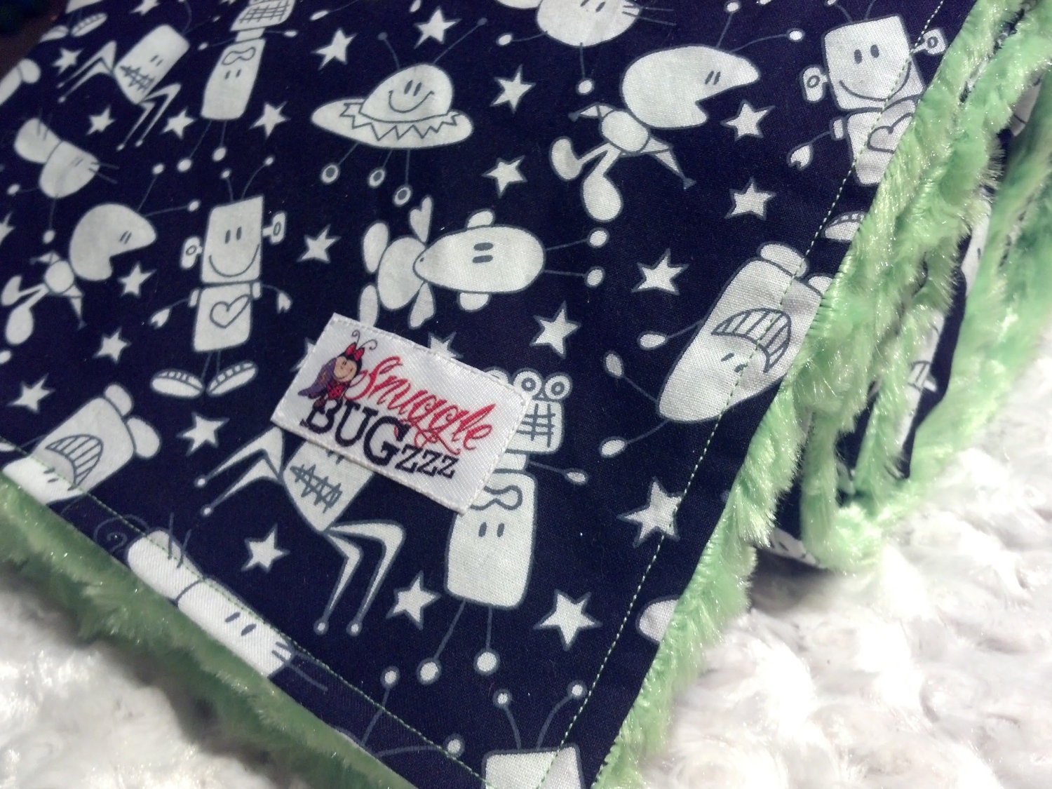 Black Friday 20% off with code: BLACKFRIDAY20 - Black White Aliens and Stars with Lime Green Minky Toddler  Blanket - Ready To Ship