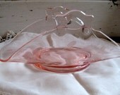 Vintage Pink Depression Glass dish, Cottage Chic, wedding floral display, etched glass fruit bowl, 6 x 10 inches