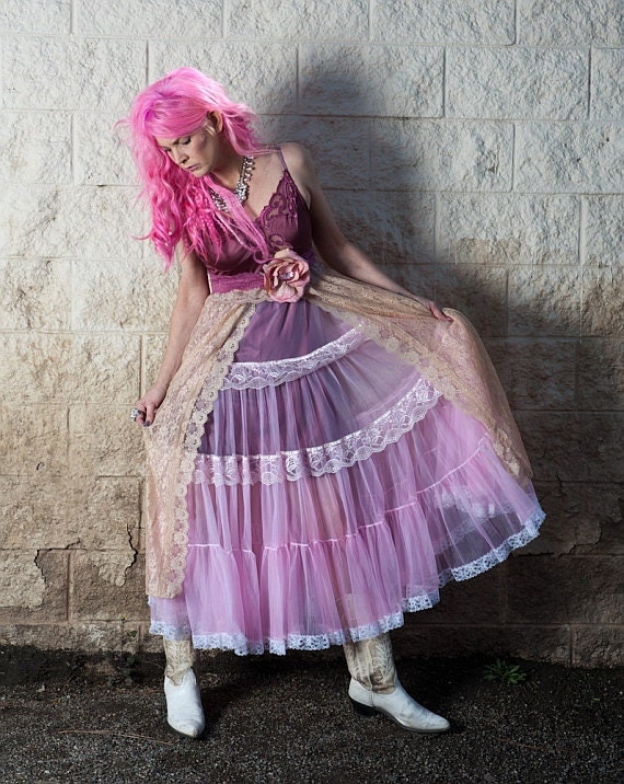 Mermaid Miss K revived ballerina pink beige & wine chiffon lace petticoat boho maxi prom dress