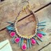 Hand painted rhinestones necklace statement bib neon pink yellow magnasite spikes turquoise orange suede