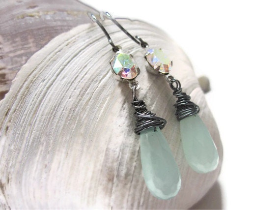 RESERVED for EMMA - Peruvian Blue (Aqua) Chalcedony Briolette Drops w/ Vintage AB Rhinestone Prong Setting Oxidized Sterling Silver Earrings