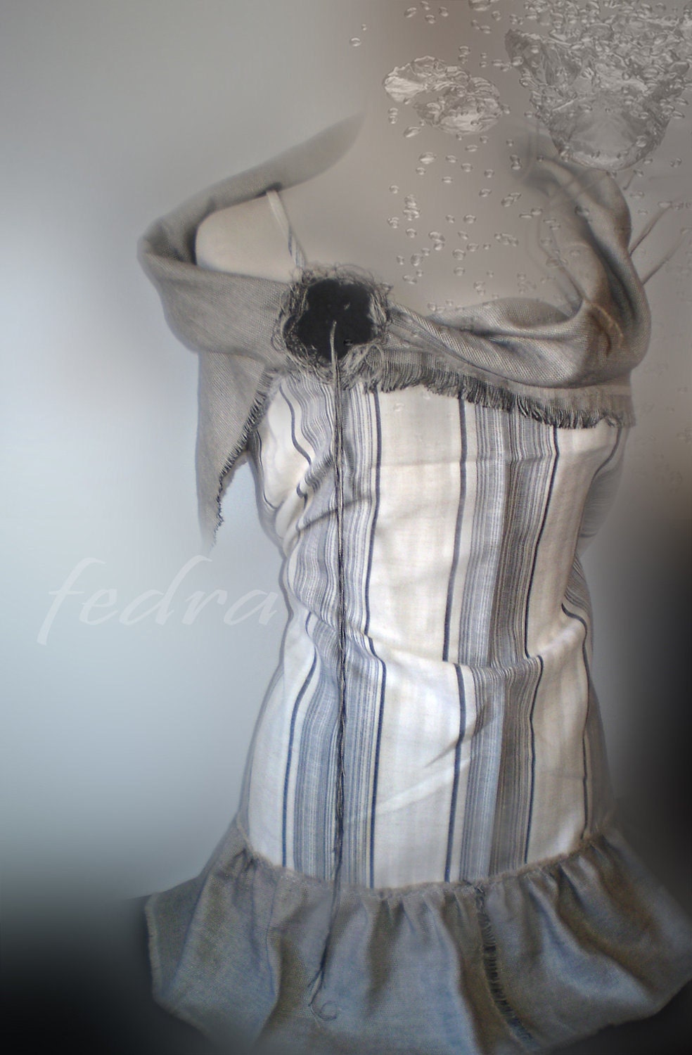 Linen summer tunic-dress with  a scarf and brooch