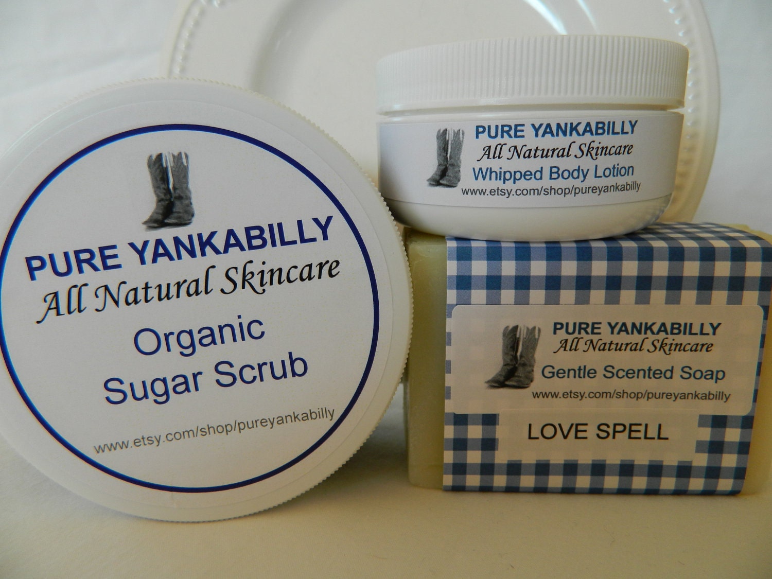 LOVESPELL BATH & BODY Trio - Organic Soap, Sugar Scrub and Whipped Lotion with a Light Lovespell Scent