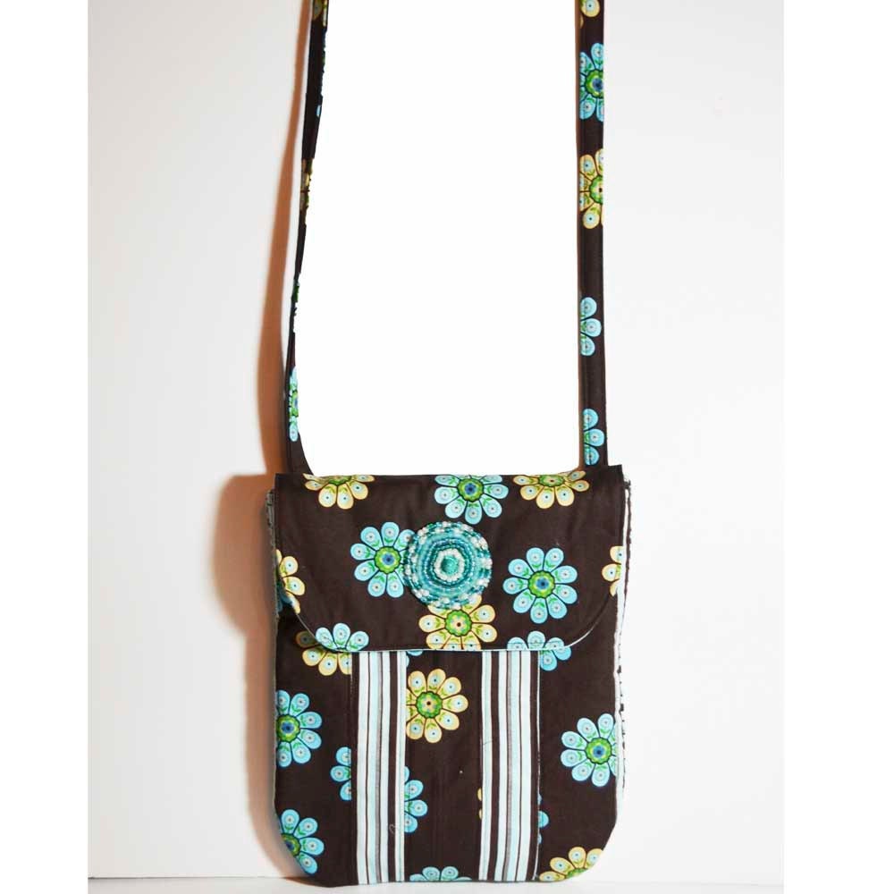 Brown Flowered  and Striped Messenger Bag Purse with a Handmade Beaded Button
