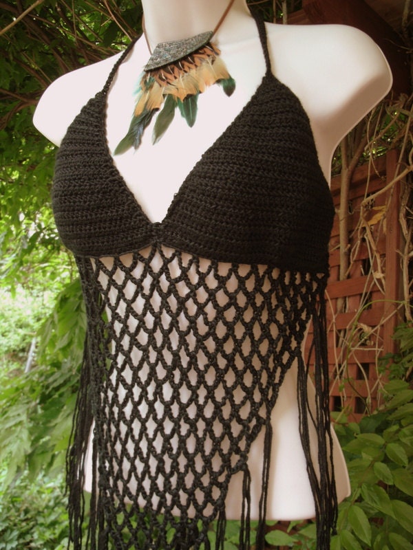 Handmade Crochet Crop Top Halter With Fringe-Hippie Style-Bohemian-Summer-Tank Top-Crocheted Bikini-Vintage Style Crochet