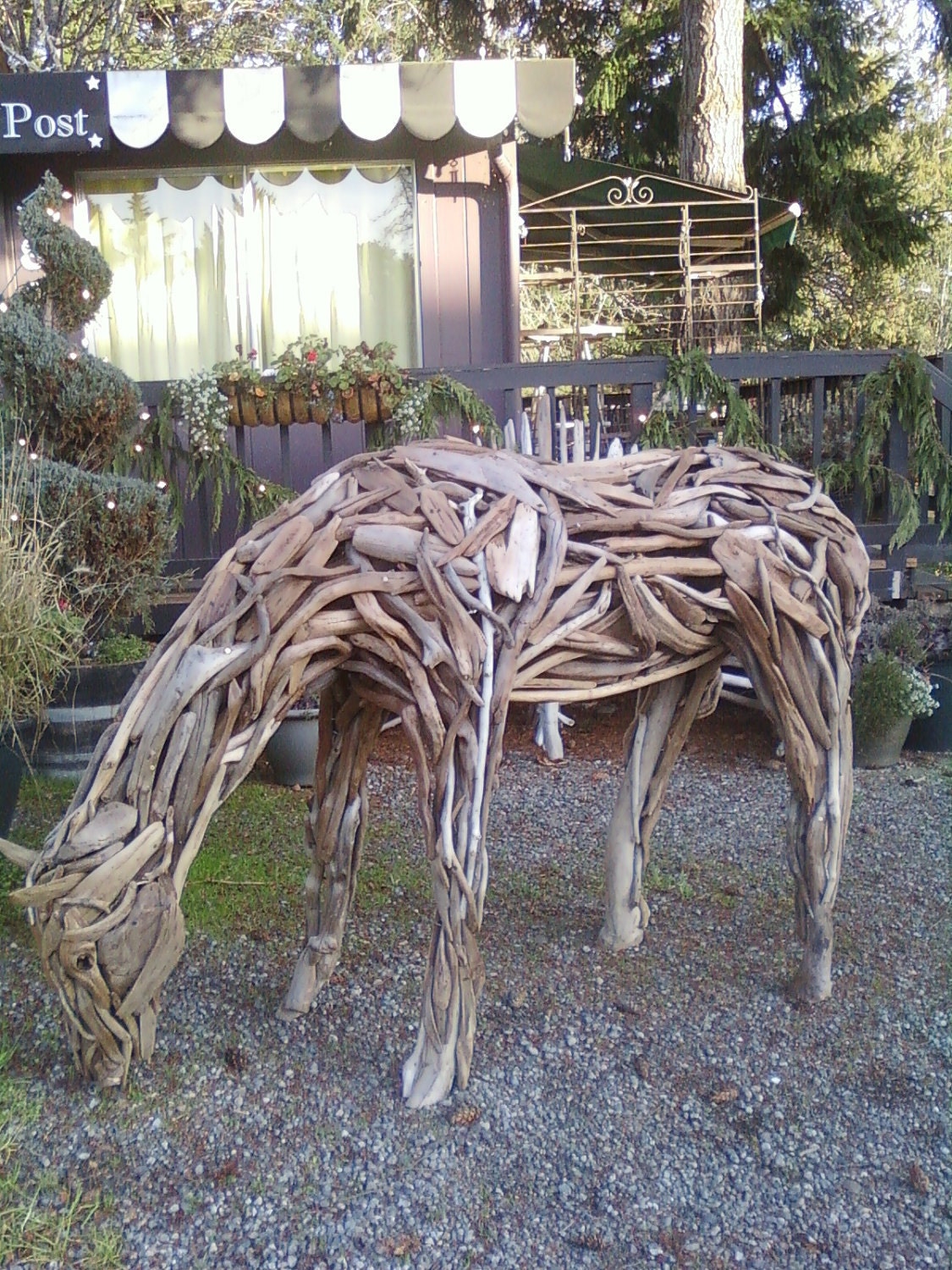 horse sculpture made from several hundred pieces of driftwood