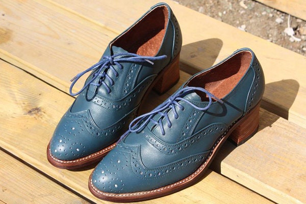 Wedding Gentleman Blue Vintage Inspired Fashion Handmade Handcrafted High Heels Oxford