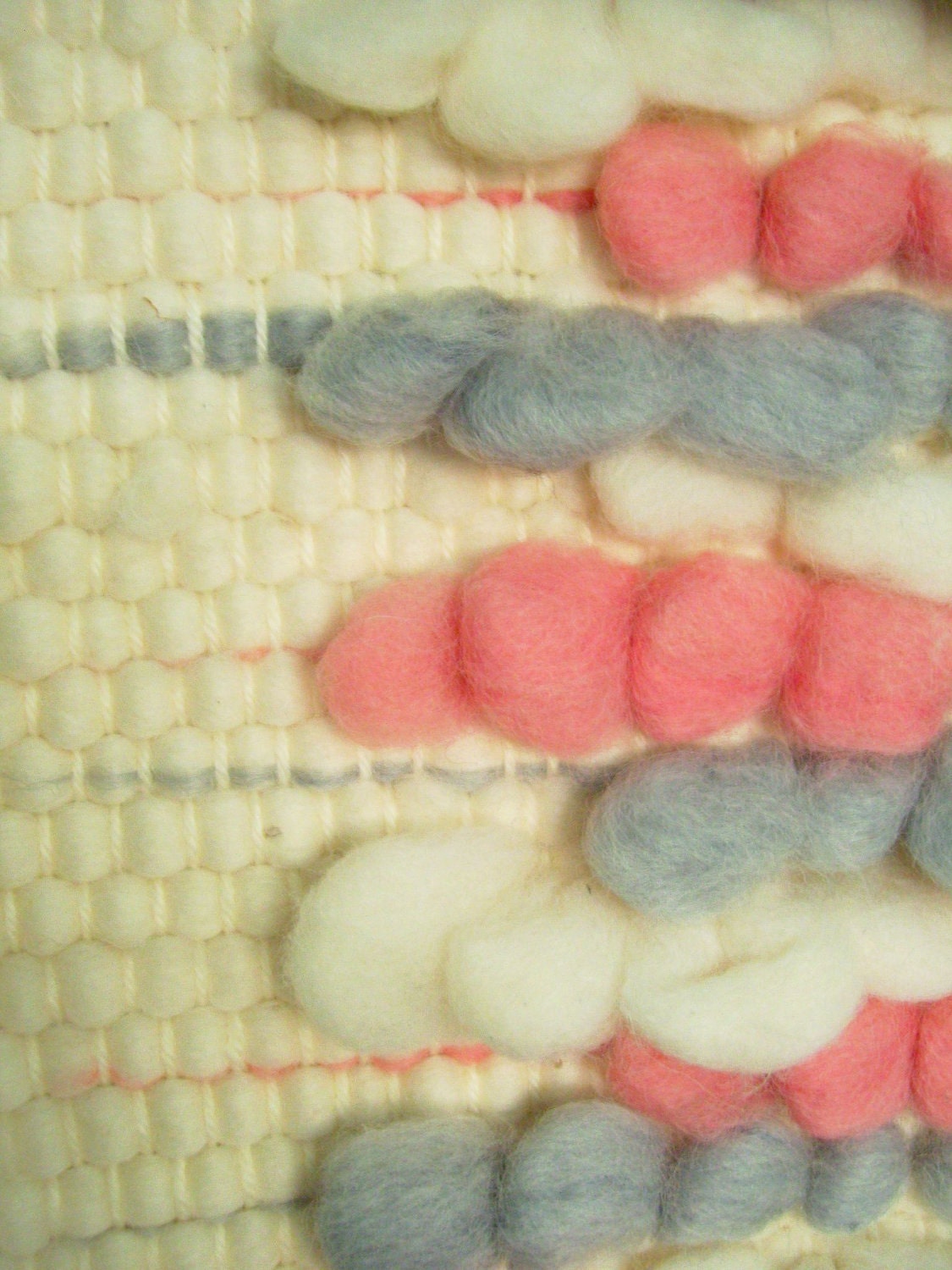 Handwoven Wool Wall Hanging - Cotton Candy Pink, Ice Blue, Ivory White, Cream - New Zealand Vintage - 15x28"