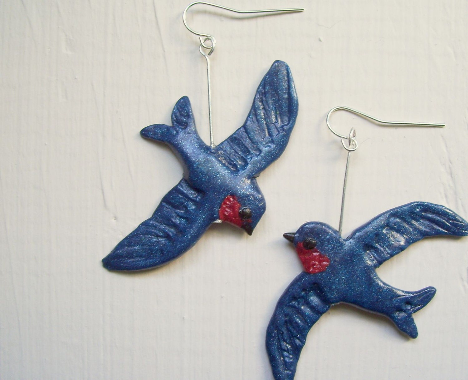 Flying Bird Earrings - Swallow Earrings - Bluebirds of Happiness - One of a Kind Hand Sculpted Dangle Earrings 2"