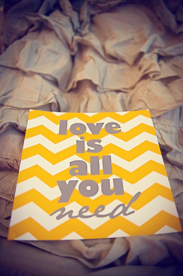 Love Is All You Need, Beatles yellow and grey 8x8 art print chevron sripe