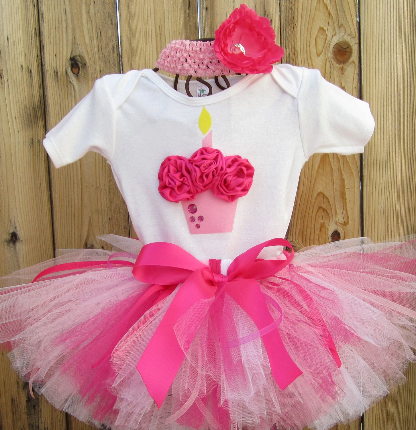 HOT PINK BIRTHDAY - 3D Cupcake 1st Birthday Set Includes Tutu, 3D Cupcake Onesie and Free (1) Flower Headband- 1st 2nd 3rd 4th 5th bday