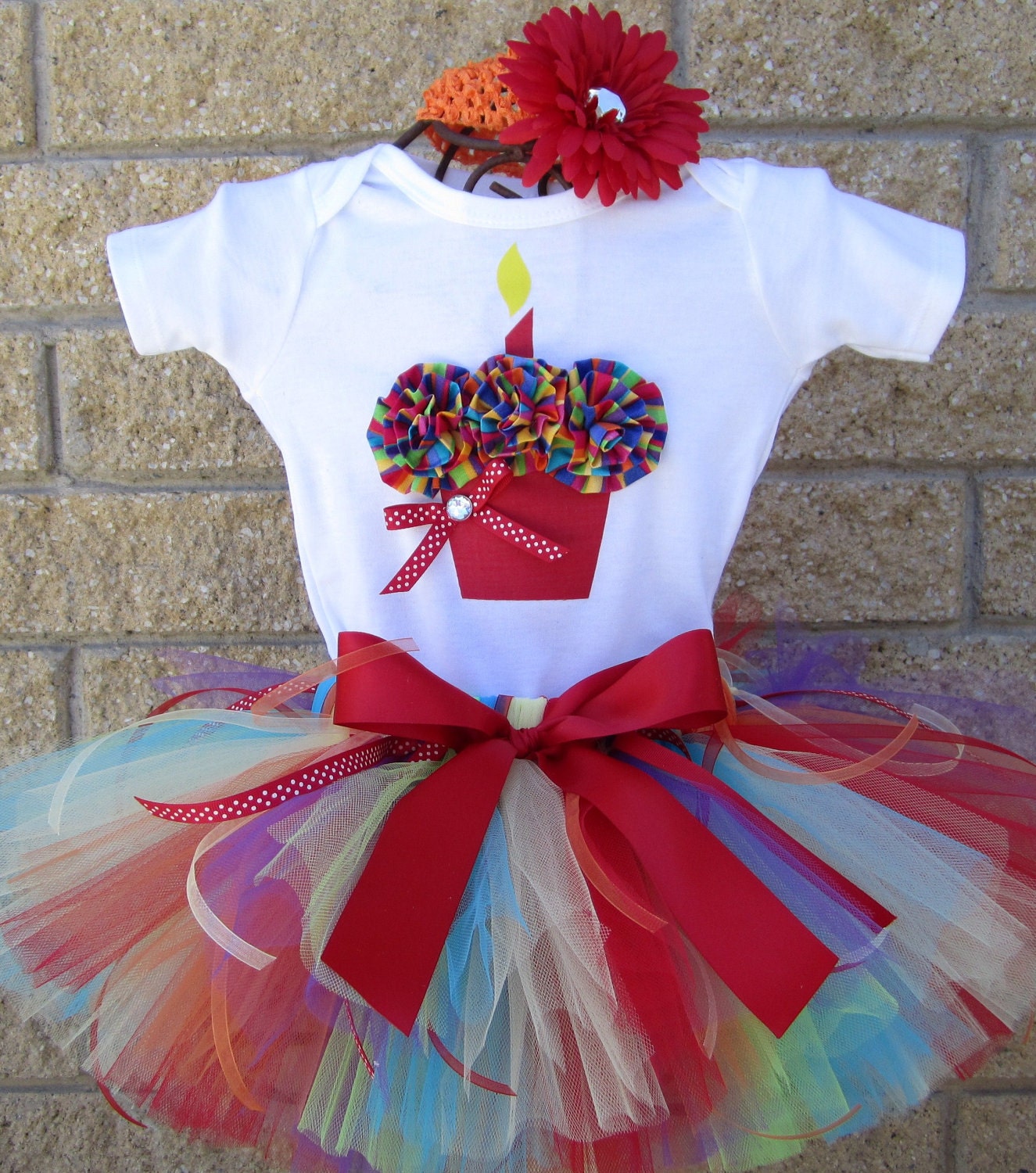 CARNIVAL PARTY - 3D Cupcake 1st Birthday Set Includes Tutu, 3D Cupcake Onesie w/Free Matching Flower Headband - 1st 2nd 3rd 4th 5th bday