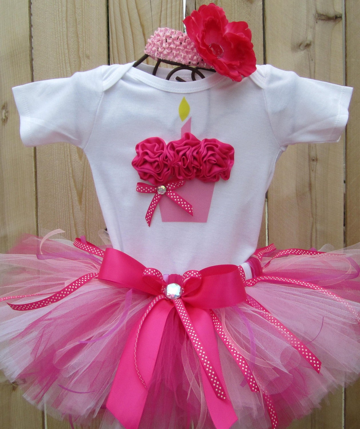 HOT PINK POLKADOT - 3D Cupcake 1st Birthday Set Includes Tutu, 3D Cupcake Onesie and Free (1) Flower Headband- 1st 2nd 3rd 4th 5th bday