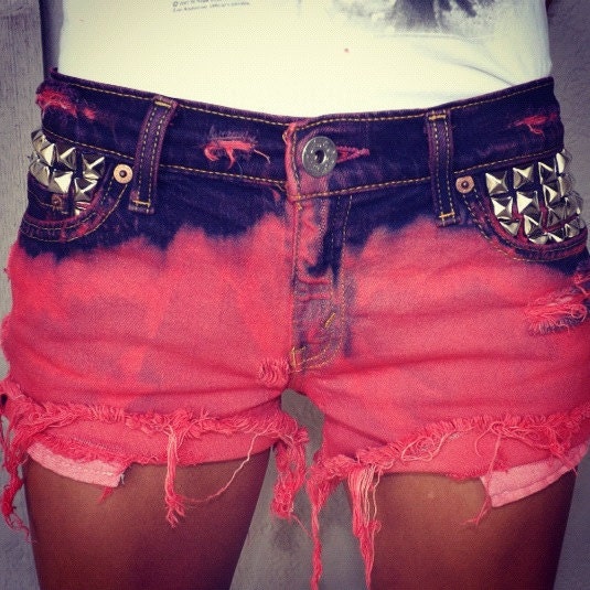 Two Toned Vermilion Distressed Studded Shorts