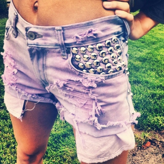 Acid Washed High Rise Studded Shorts in Purple - UrbanEclectics