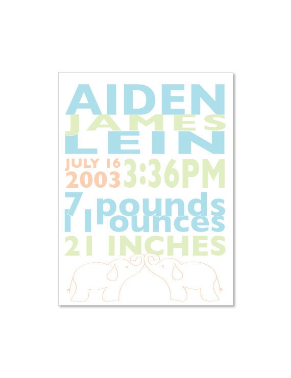 New Baby Announcement - Elephant Print - Custom Baby Shower Gift - Baptism Gift - Personalized New Baby Gift - Digital Print Il_170x135