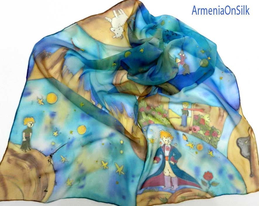 Hand painted silk scarf Little Prince. Book scarf. Book hand painted scarf. Ready to ship.
