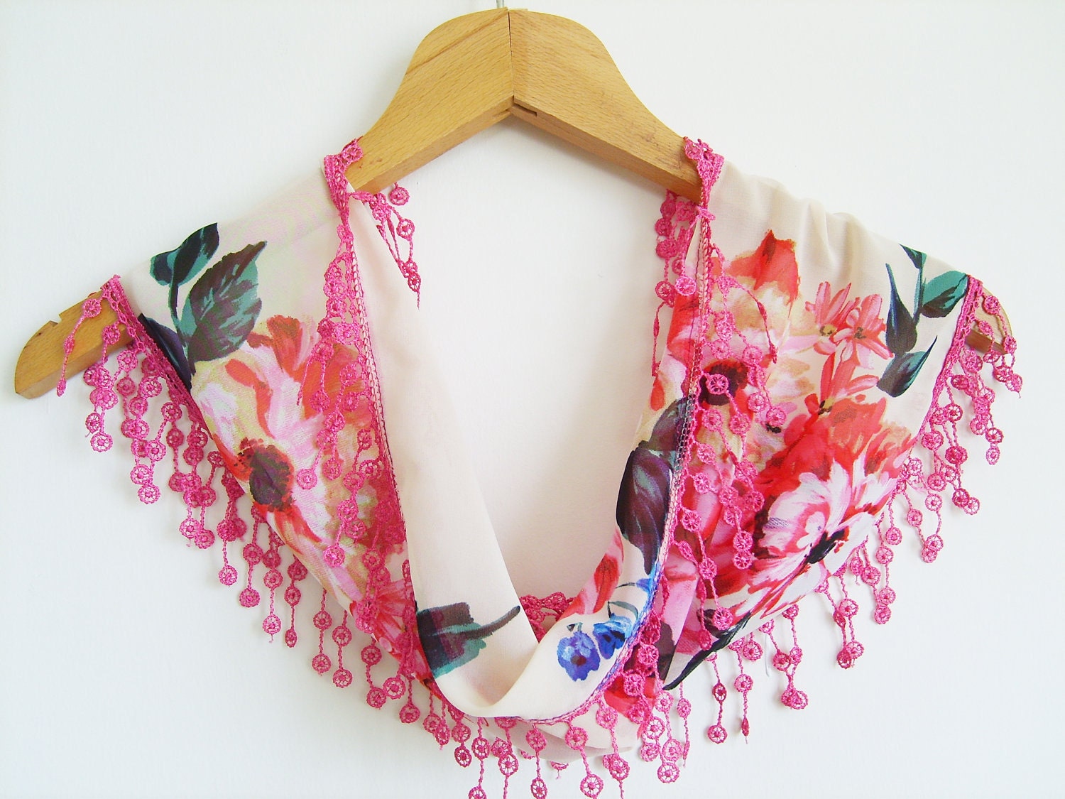 FREE SHIPPING, Colorful Flowered Scarf With Lace / Chiffon Scarf / Lightweight Wrap