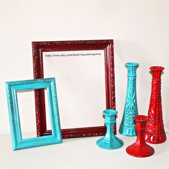 Vase Picture Frame Candle Holders Teal Red by AquaXpressions