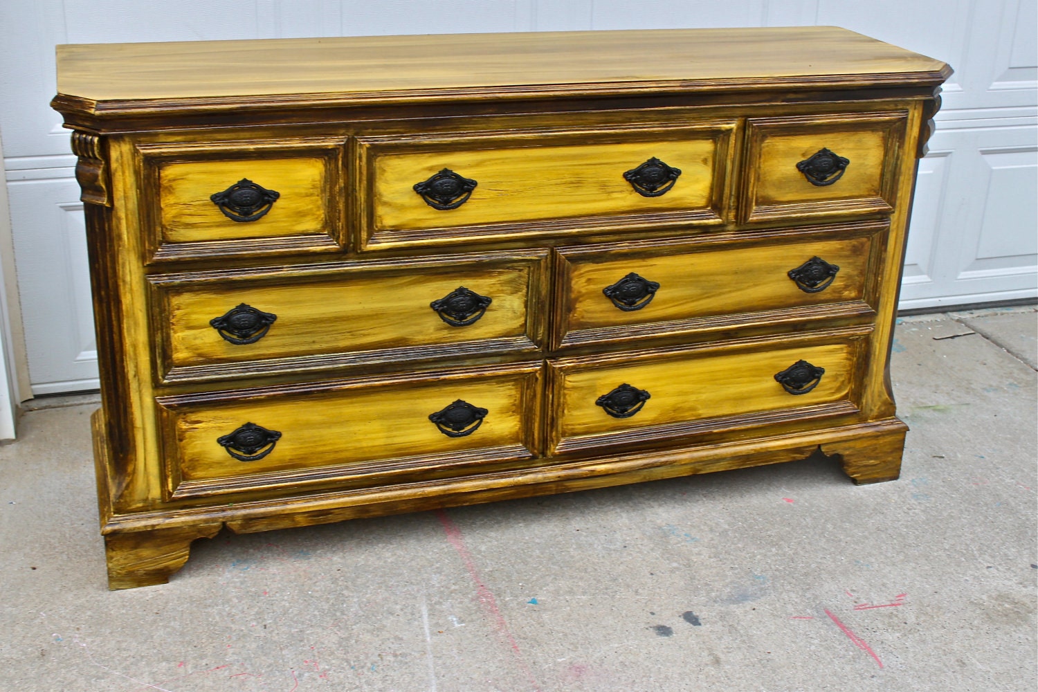Yellow Vintage Dresser/ Buffet/ Bedroom Furniture/ Black Drawer Pulls/ TV Stand/ Storage/ Dining Room Furniture/ Distressed