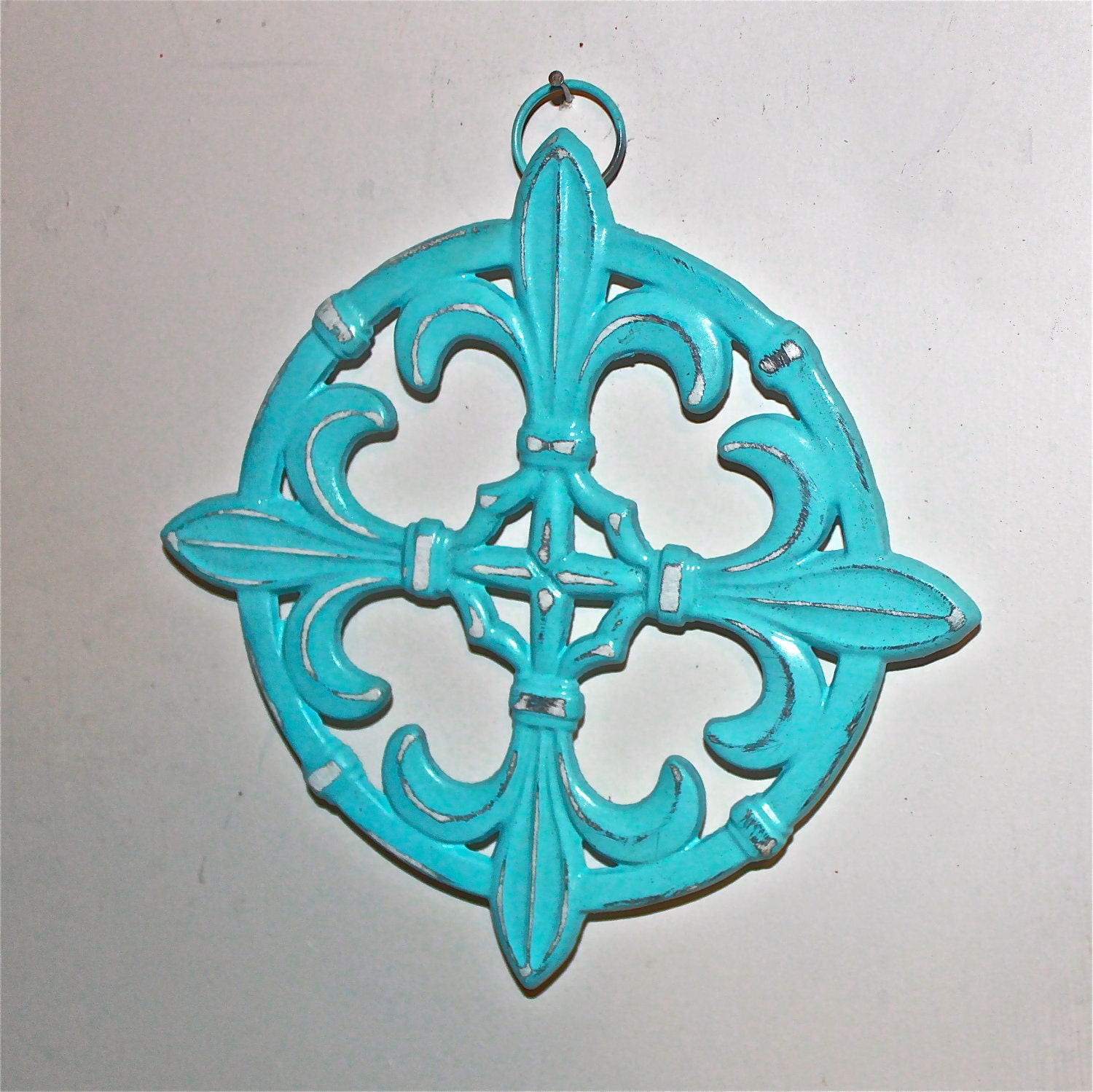 Fleur De Lis Door Wall Decor, Cast Iron, Aqua, Distressed, Shabby Chic,