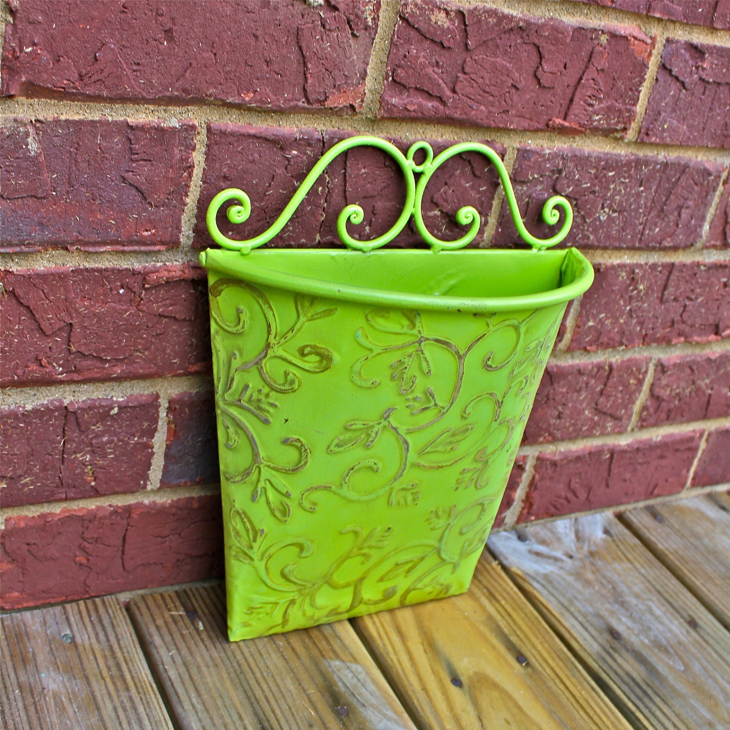 Wall Pocket Sconce /Lime Green /Bright Painted Metal Decor /Distressed /Mail Holder /Storage Fixture /Outdoor Patio Planter