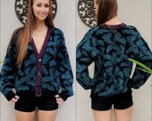 Leaf design cardigan sweater teal and purple small