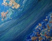 Islands Mixed Media Metallic Abstract Painting Blue And Blue-Green On Canvas With Acrylic Paint And Gold Leaf