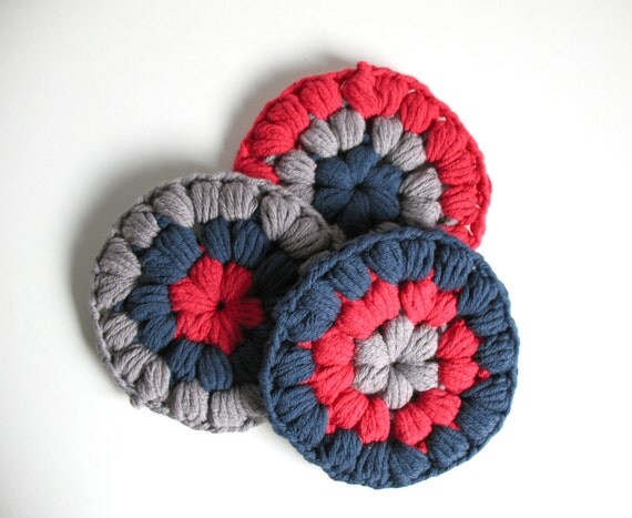 Cotton crochet coasters - blue gray raspberry  coasters - absorbent coasters