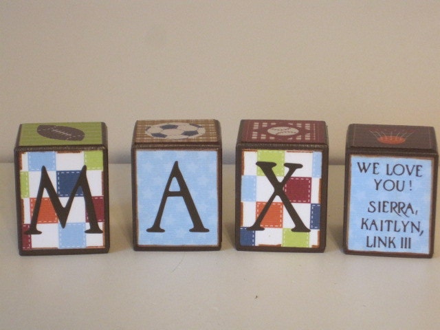 Personalized customized name blocks-ball/sports theme-decorative wood letter block- baby nursery, or child's room-personzlized boy baby gift