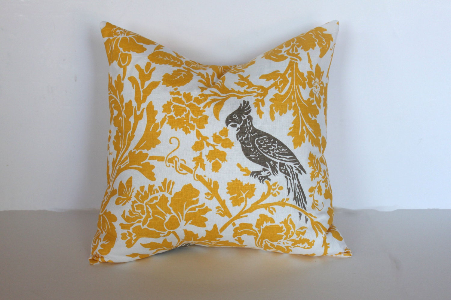 ONE - 18 x 18 Yellow and Taupe Swirly Bird Pillow Cover - Premier Prints