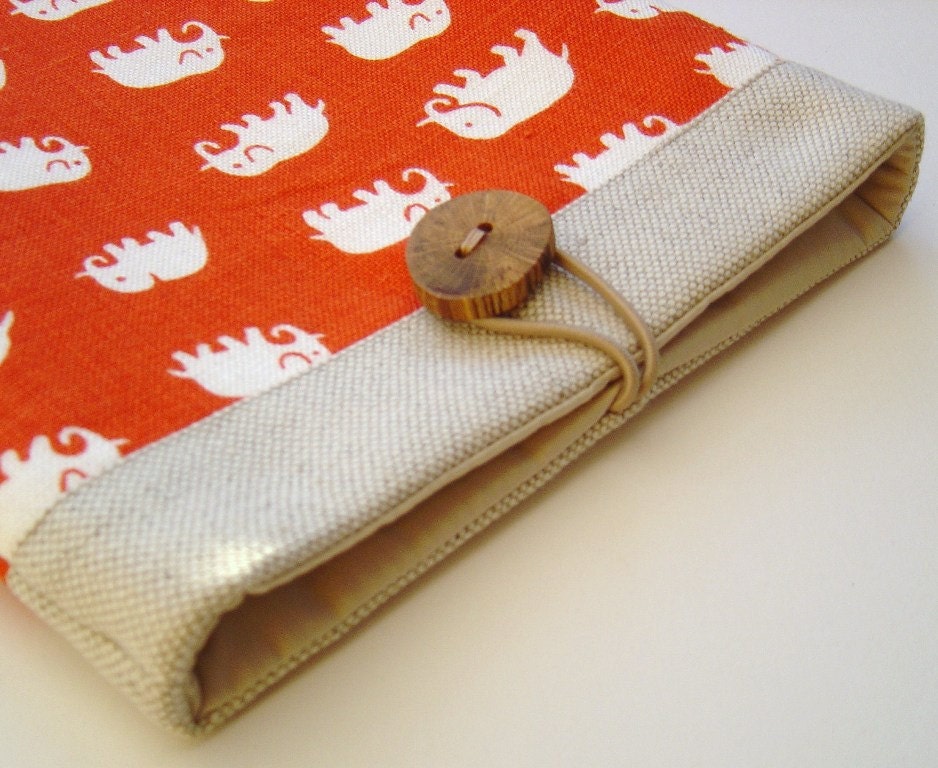 Handcrafted Linen iPad Sleeve with Elephants in Orange and Cream