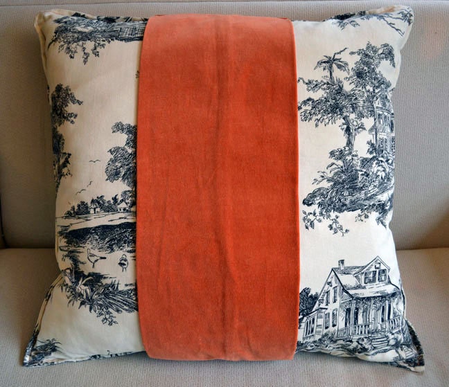 Large Decorative Pillow - Black & White Toile with Orange Velvet Stripe