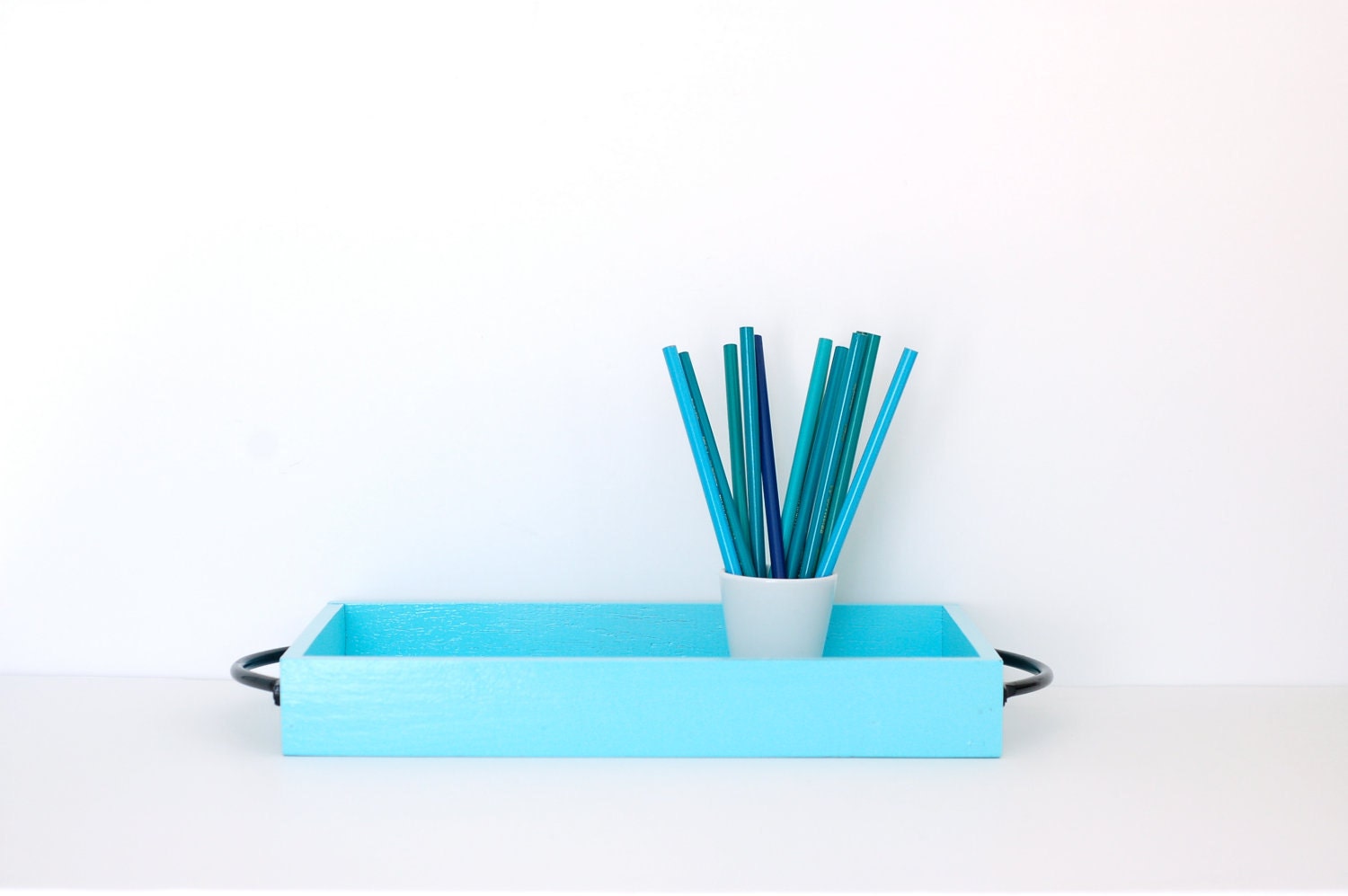 Pretty Blue Wood Tray with Black Handles