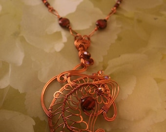 Copper Necklace With Vintage  Red Merlot Colored Glass Beads & Swarovski Crystal Beads