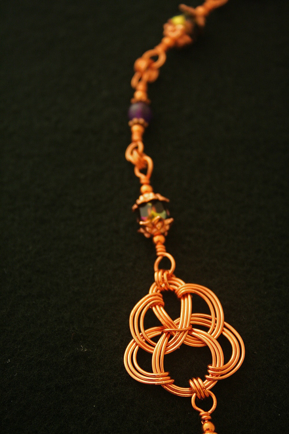 Copper Wire-wrapped Celtic Styled Necklace With Amethyst, Copper and Faceted Irridescent Beads.