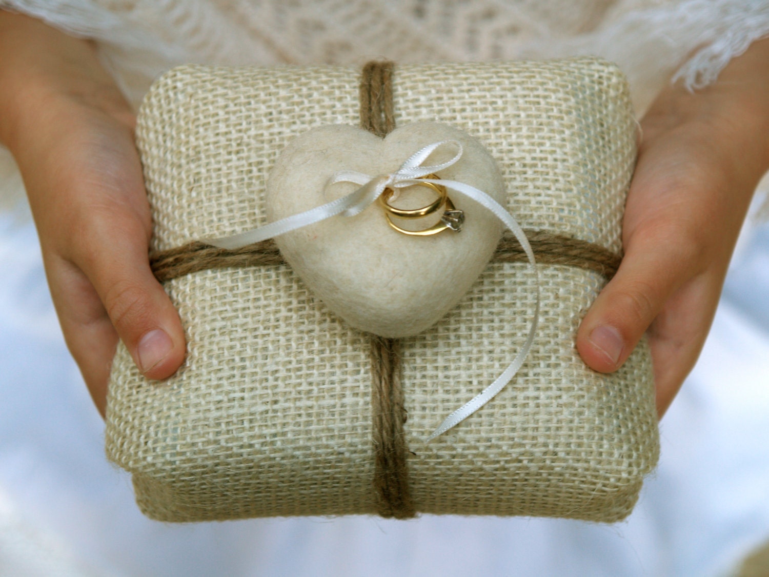 Burlap Ring Pillow Bearer Wedding Needle Felted Heart Country Chic Rustic Barn Fairytale Classic Simple Unique Brown Tan White Cream