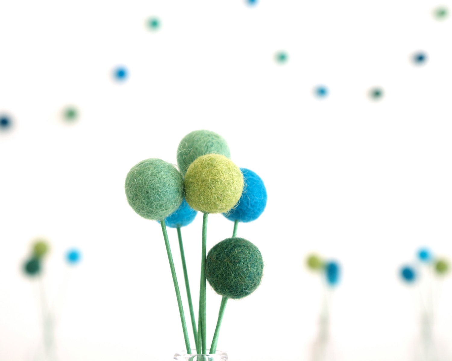 Wedding Table Setting Decorations, Blue and Green Craspedia Flowers, 20 Needle Felted Billy Button Flowers, Felt Flowers, Bohemian Bride