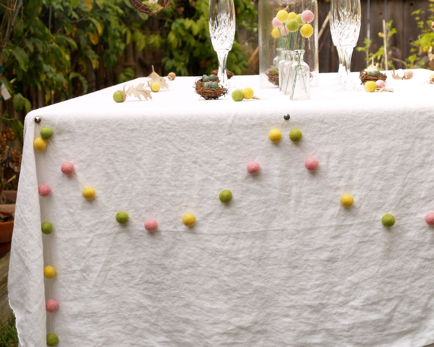 Felt Wedding Garland Decoration Decorating Spring Romantic Country Bohemian Bride Pastel Pink Yellow green banner Barn Cake Table Photo Prop
