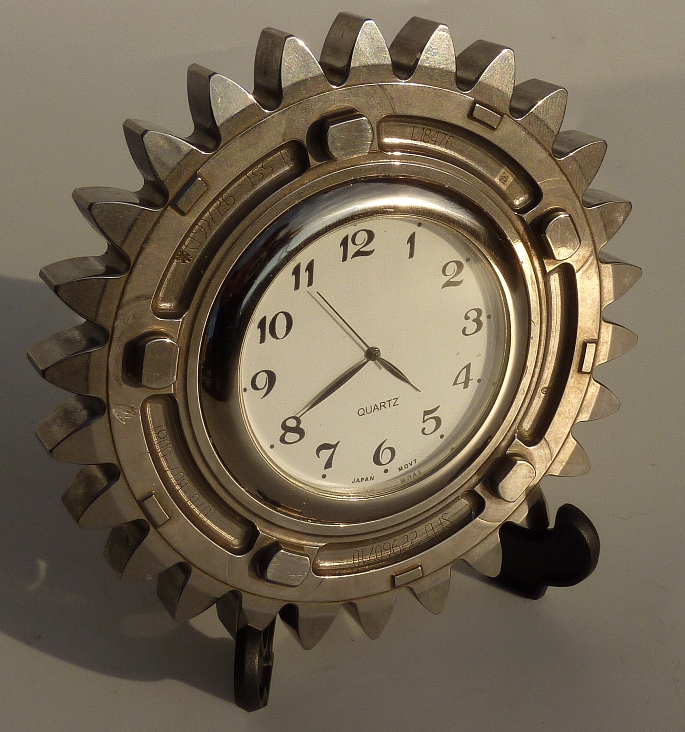 Silver gear office desk bedside clock made from a Honda F1 car part - Guys gift