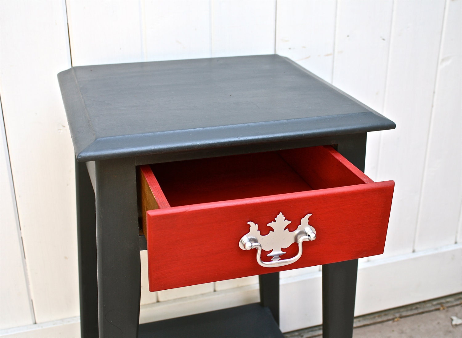 Mid Century Side Table Upcycled Hand Painted Graphite Red
