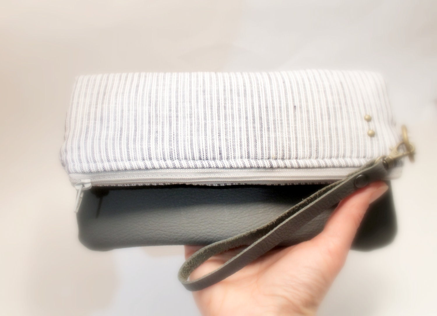 Linen and leather clutch purse, fold over style, wristlet.