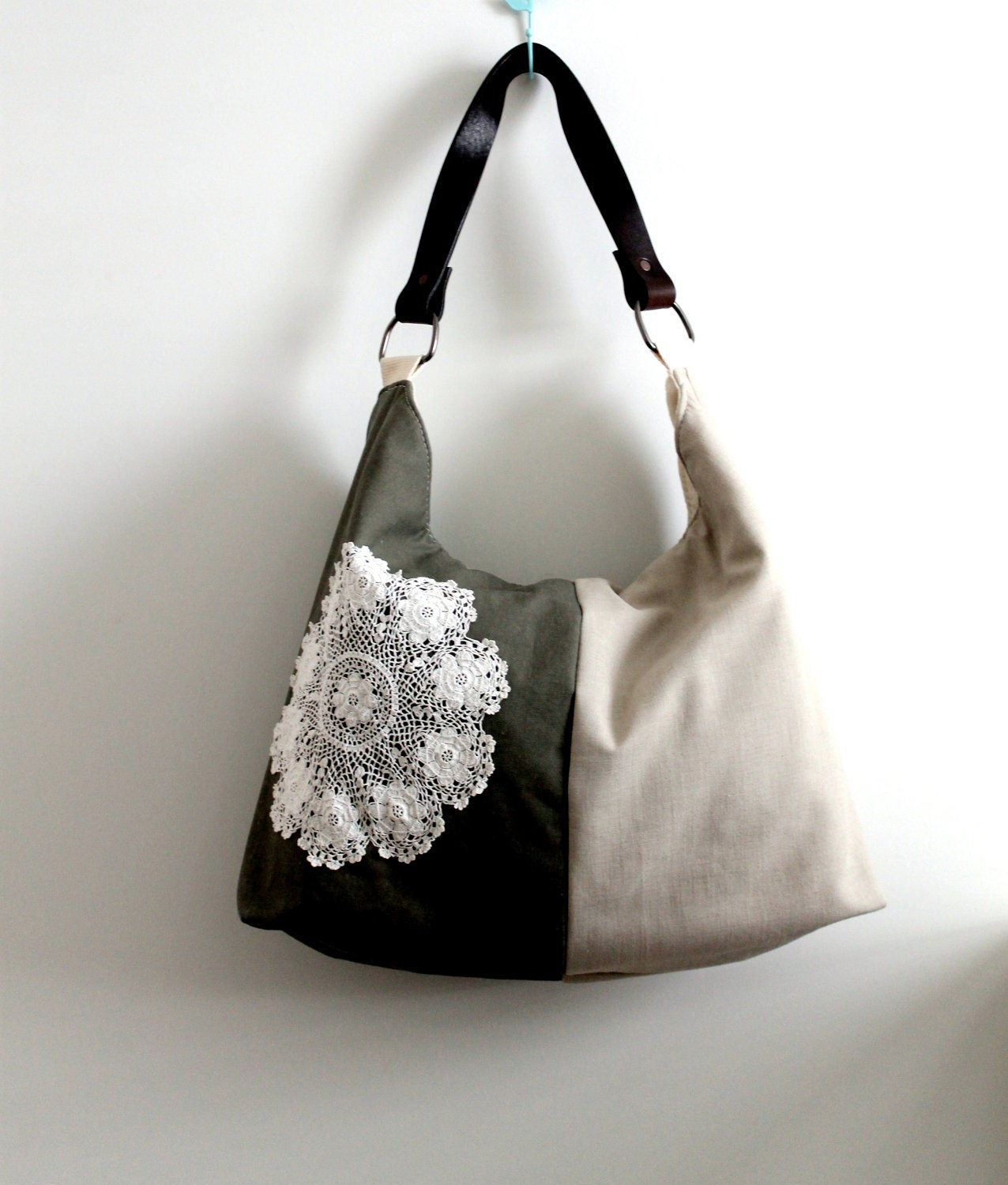 Slouch style, shoulder bag, tote, beige linen and khaki canvas with vintage doily