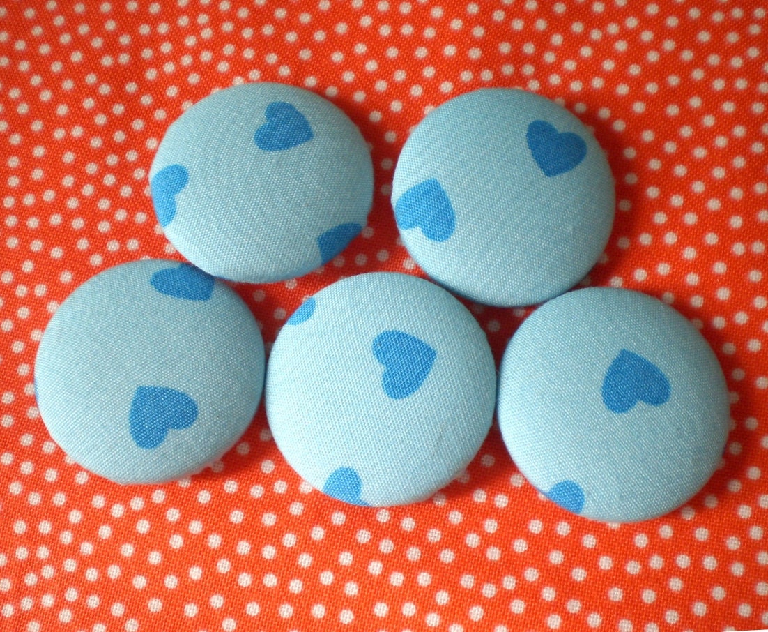 Blue hearts large fabric covered buttons x 5